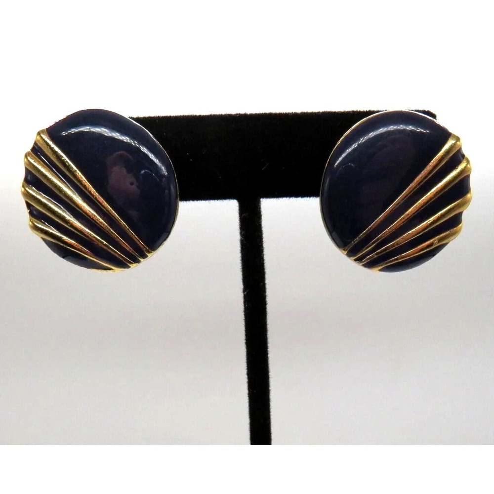 Navy Blue Enamel Gold Tone Round Fan Stripe Stud Earrings Pierced Women